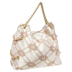 Pre Owned Emporio Armani Beige/Brown Logo Jacquard Fabric Chain Detail Hobo