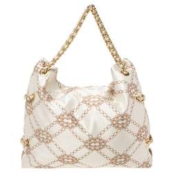 Pre Owned Emporio Armani Beige/Brown Logo Jacquard Fabric Chain Detail Hobo
