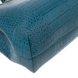 Pre Owned Emporio Armani Ocean Blue Croc Embossed Leather New Beverly Tote