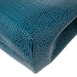 Pre Owned Emporio Armani Ocean Blue Croc Embossed Leather New Beverly Tote