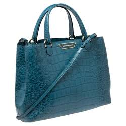 Pre Owned Emporio Armani Ocean Blue Croc Embossed Leather New Beverly Tote