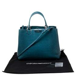 Pre Owned Emporio Armani Ocean Blue Croc Embossed Leather New Beverly Tote