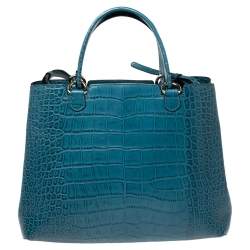 Pre Owned Emporio Armani Ocean Blue Croc Embossed Leather New Beverly Tote
