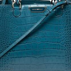 Pre Owned Emporio Armani Ocean Blue Croc Embossed Leather New Beverly Tote