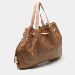 Pre Owned Emporio Armani Brown/Peach Embossed Leather Drawstring Tassel Shoulder Bag