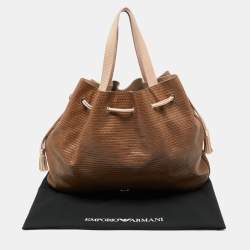 Pre Owned Emporio Armani Brown/Peach Embossed Leather Drawstring Tassel Shoulder Bag