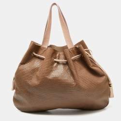 Pre Owned Emporio Armani Brown/Peach Embossed Leather Drawstring Tassel Shoulder Bag