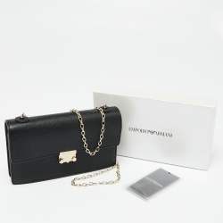 Pre Owned Emporio Armani Black Leather Push Lock Flap Chain Shoulder Bag