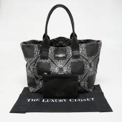 Pre Owned Emporio Armani Black/White Signature Raffia and Leather Tote