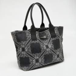 Pre Owned Emporio Armani Black/White Signature Raffia and Leather Tote