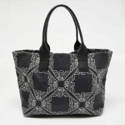 Pre Owned Emporio Armani Black/White Signature Raffia and Leather Tote
