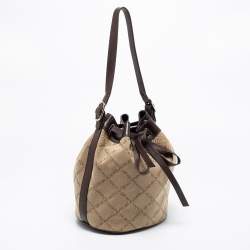 Pre Owned Emporio Armani Brown/Beige Signature Fabric and Leather Drawstring Bucket Bag 