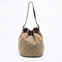 Pre Owned Emporio Armani Brown/Beige Signature Fabric and Leather Drawstring Bucket Bag 
