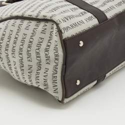 Pre Owned Emporio Armani Light Grey/Brown Logo Print Canvas And Leather Boston Bag