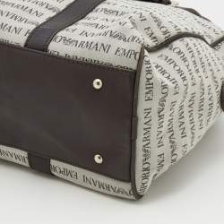 Pre Owned Emporio Armani Light Grey/Brown Logo Print Canvas And Leather Boston Bag