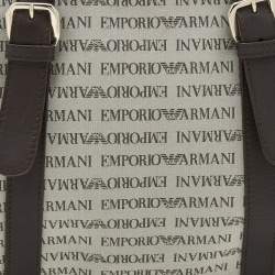 Pre Owned Emporio Armani Light Grey/Brown Logo Print Canvas And Leather Boston Bag