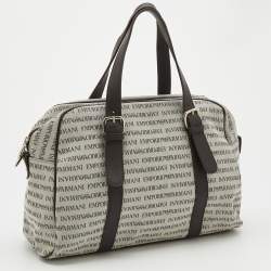 Pre Owned Emporio Armani Light Grey/Brown Logo Print Canvas And Leather Boston Bag