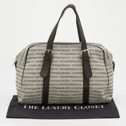 Pre Owned Emporio Armani Light Grey/Brown Logo Print Canvas And Leather Boston Bag