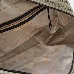 Pre Owned Emporio Armani Light Grey/Brown Logo Print Canvas And Leather Boston Bag