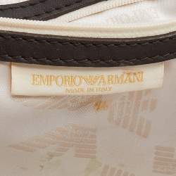 Pre Owned Emporio Armani Light Grey/Brown Logo Print Canvas And Leather Boston Bag