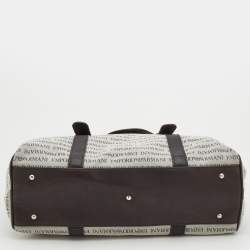 Pre Owned Emporio Armani Light Grey/Brown Logo Print Canvas And Leather Boston Bag
