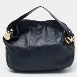 Pre Owned Emporio Armani Navy Blue Grained Leather Hobo