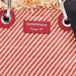 Pre Owned Emporio Armani Beige/Red Woven Raffia and Leather Tote