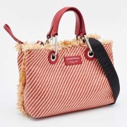 Pre Owned Emporio Armani Beige/Red Woven Raffia and Leather Tote
