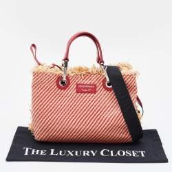 Pre Owned Emporio Armani Beige/Red Woven Raffia and Leather Tote