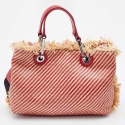 Pre Owned Emporio Armani Beige/Red Woven Raffia and Leather Tote