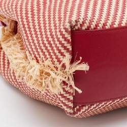 Pre Owned Emporio Armani Beige/Red Woven Raffia and Leather Tote
