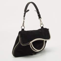 Pre Owned Emporio Armani Black Leather Frame Fold Over Expandable Bag