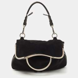 Pre Owned Emporio Armani Black Leather Frame Fold Over Expandable Bag