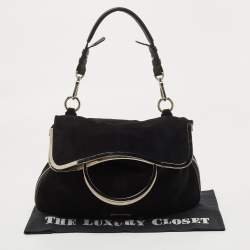 Pre Owned Emporio Armani Black Leather Frame Fold Over Expandable Bag