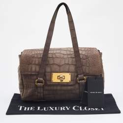 Pre Owned Emporio Armani Khaki Beige Croc Embossed Leather Satchel