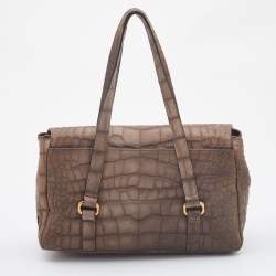 Pre Owned Emporio Armani Khaki Beige Croc Embossed Leather Satchel