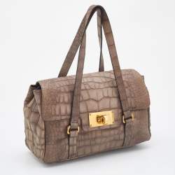 Pre Owned Emporio Armani Khaki Beige Croc Embossed Leather Satchel