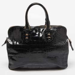 Pre Owned Emporio Armani Black Croc Embossed Leather Top Zip Satchel