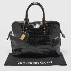 Pre Owned Emporio Armani Black Croc Embossed Leather Top Zip Satchel