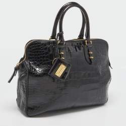 Pre Owned Emporio Armani Black Croc Embossed Leather Top Zip Satchel