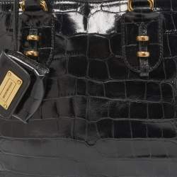 Pre Owned Emporio Armani Black Croc Embossed Leather Top Zip Satchel