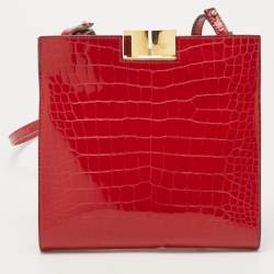 Pre Owned Emporio Armani Red Croc Embossed Patent Leather Crossbody Bag