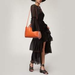 Pre Owned Emporio Armani Orange Croc Embossed Leather New Beverly Tote