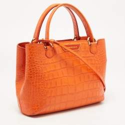Pre Owned Emporio Armani Orange Croc Embossed Leather New Beverly Tote
