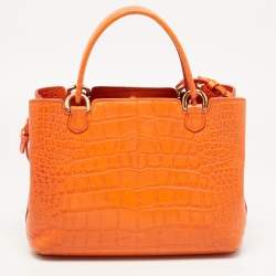 Pre Owned Emporio Armani Orange Croc Embossed Leather New Beverly Tote