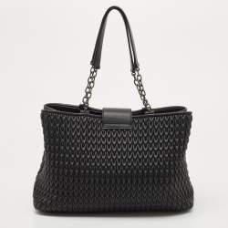 Pre Owned Emporio Armani Black Quilted Leather Push Lock Flap Tote