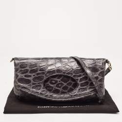 Emporio Armani Grey Croc Embossed Leather Foldover Shoulder Bag