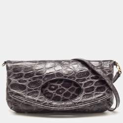 Emporio Armani Grey Croc Embossed Leather Foldover Shoulder Bag