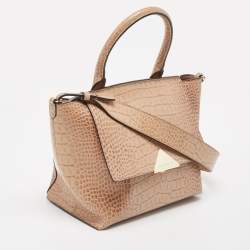 Pre Owned Emporio Armani Beige Croc Embossed Leather Flap Top Handle Bag