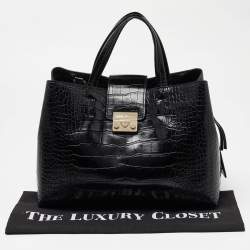 Pre Owned Emporio Armani Black Croc Embossed Leather Tote